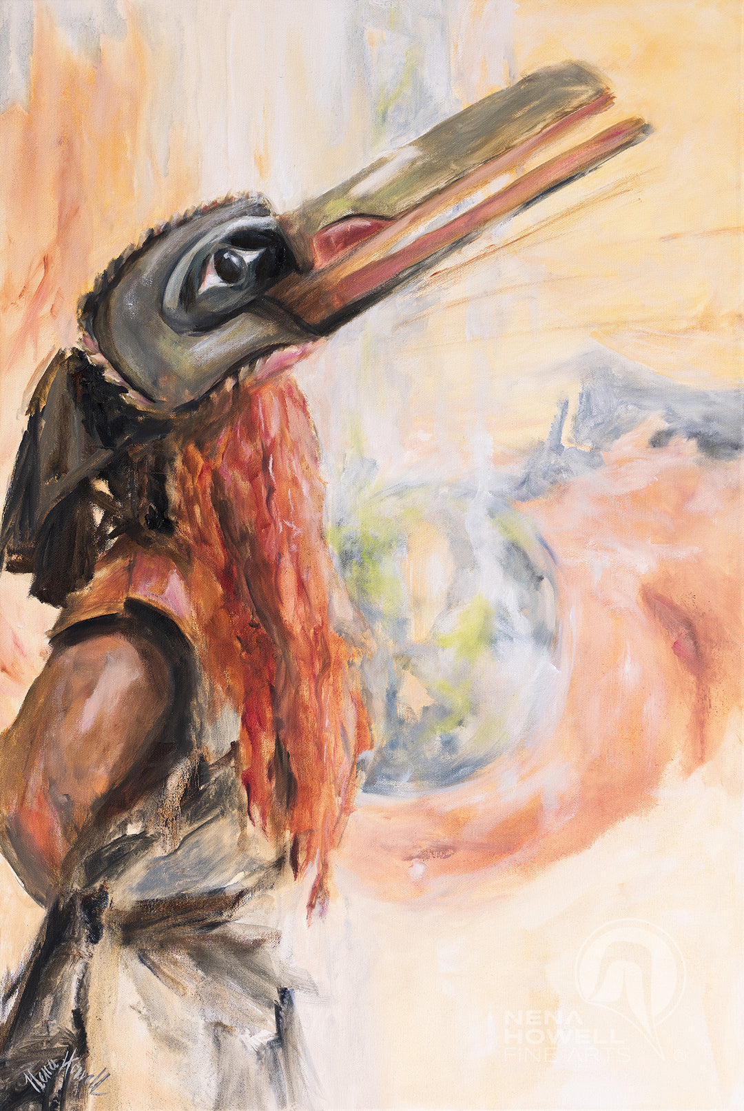 Nena Howell original painting of a man wearing a carved Tlingit raven headdress gazing for peace.