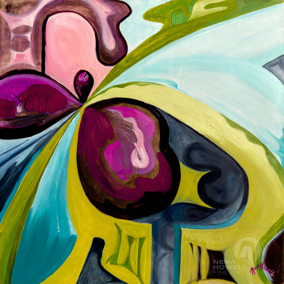 Biomorphic bold abstract painting by Nena Howell featuring $4 Million winning in these iconic card symbols melting into each other. The artwork represents good luck, wealth, and the allure of big bets.