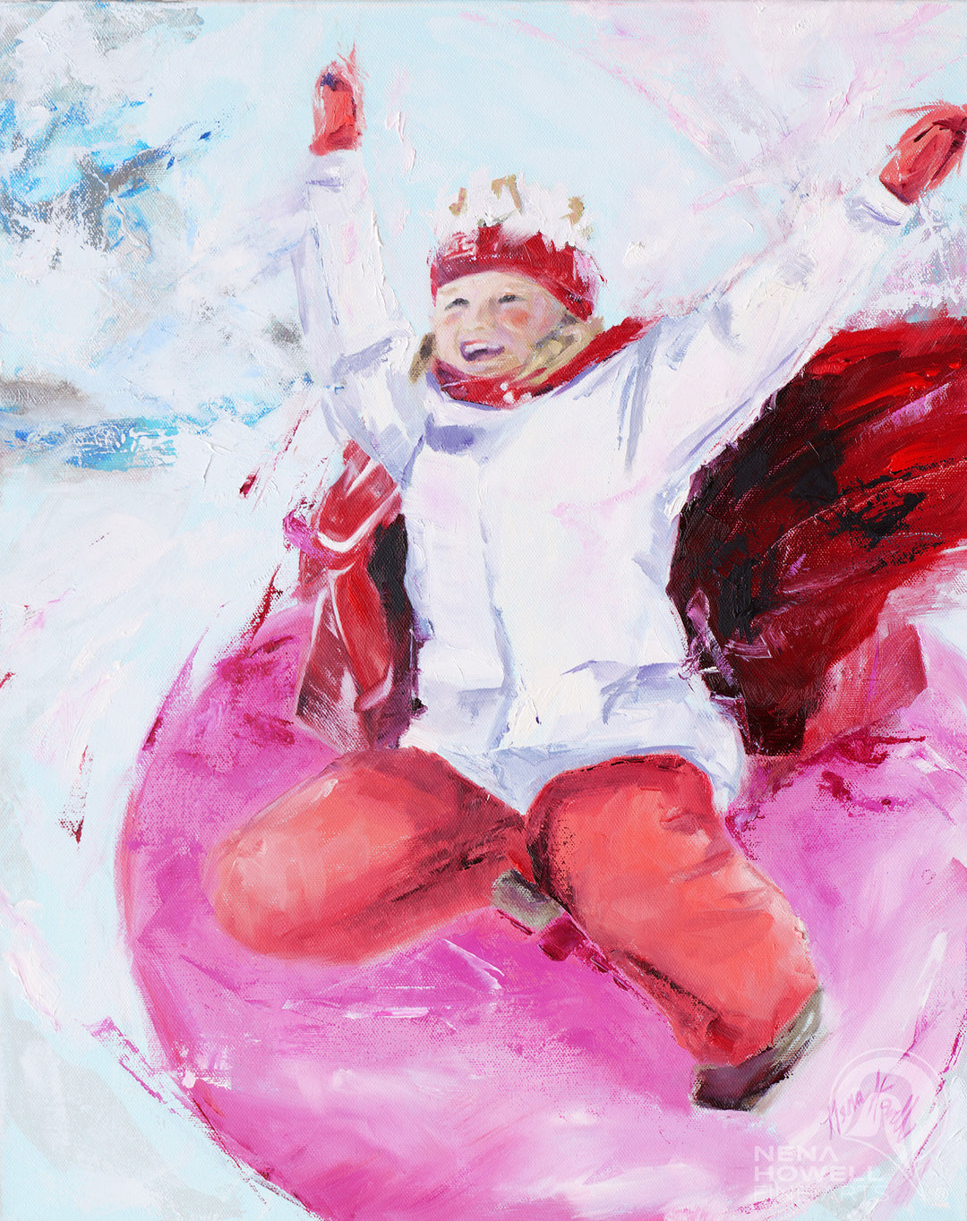 A dynamic painting by Nena Howell depicting a girl sledding down a snowy hillside, filled with joy and laughter.