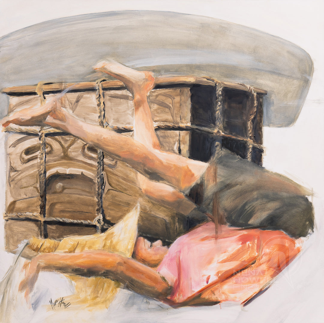 A joyful painting by Nena Howell depicting a child performing a somersault in front of a bentwood box.