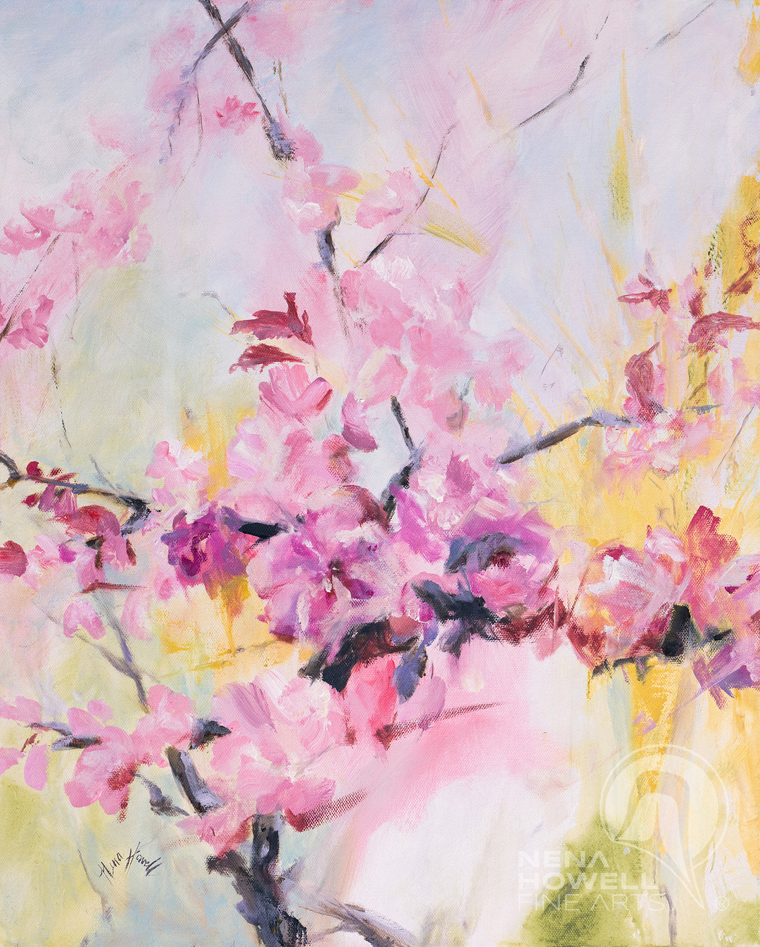 Delicate original plein air acrylic painting of blooming flowers by Nena Howell, in shades of pink, violet, and green. Soft textures and vibrant colors.