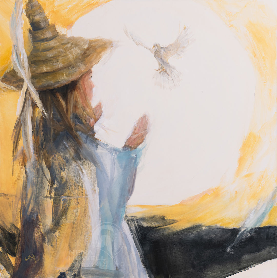 A painting by Nena Howell featuring a young girl and a white dove, surrounded by nature and bathed in peace.