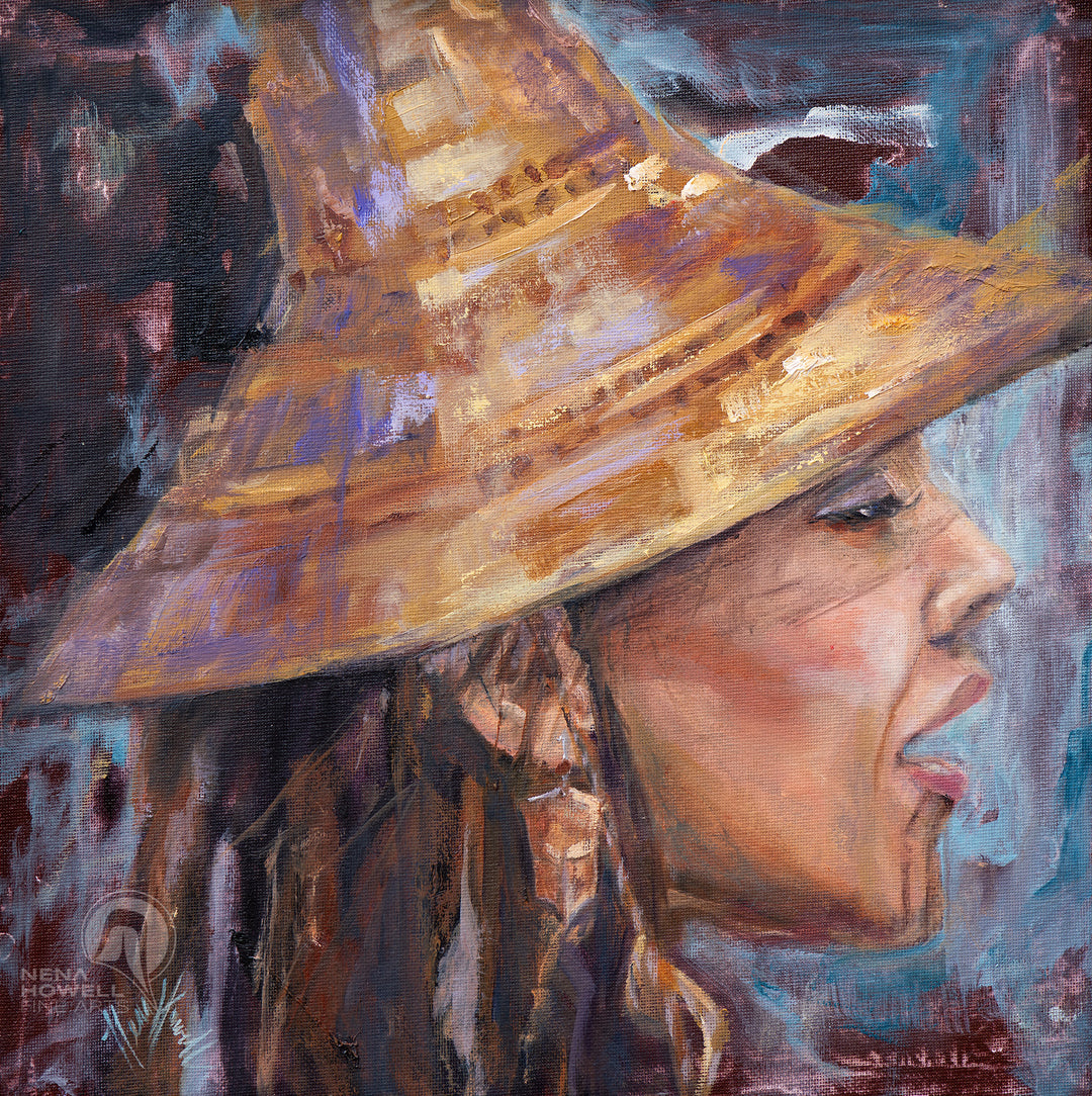 Original oil painting by Nena Howell showcases a portrait of a Tlingit woman in song and adorned with a traditional cedar hat.
