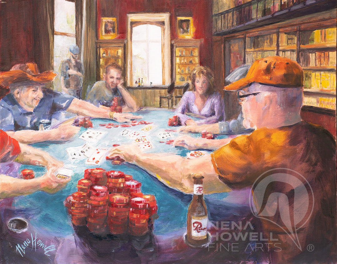 Family Pot oil painting depicting a poker game night by Nena Howell. The excitement and camaraderie of the game. Players are gathered around a table, surrounded by chips, beer, and cards.
