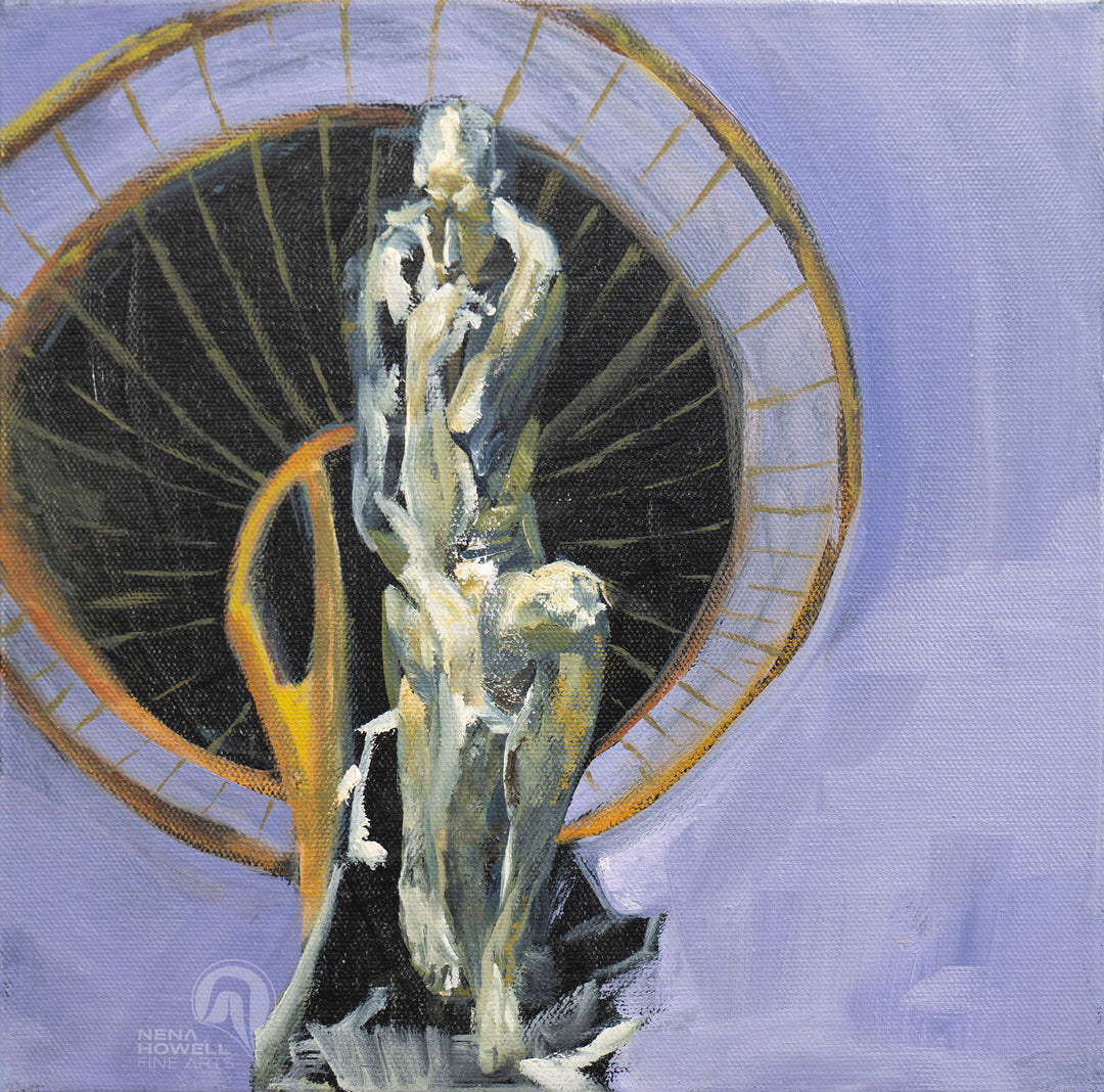 Fair Thinker Original Oil Painting by Nena Howell evokes a sense of contemplation Space Needle.