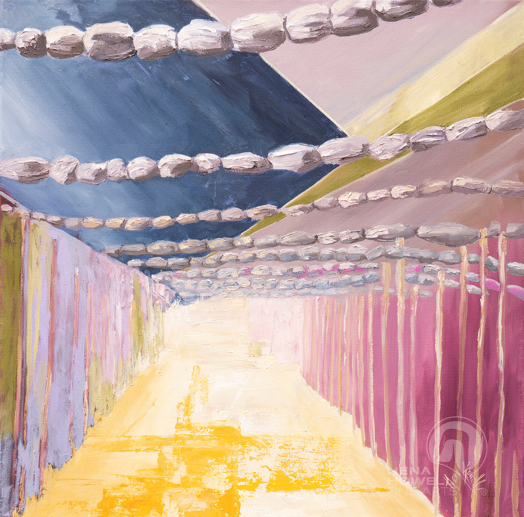 Floating Nets is an abstract geometric orchard painting by Nena Howell representing orchard nets during growing season protection from birds. A muted rainbow palette transforms the forms and space.