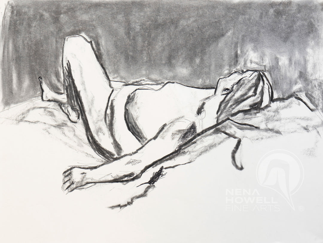 Nena Howell's nude charcoal. Inspired by Sleeping Lady in Leavenworth. 80 lb. paper. Sophisticated, hand-drawn.