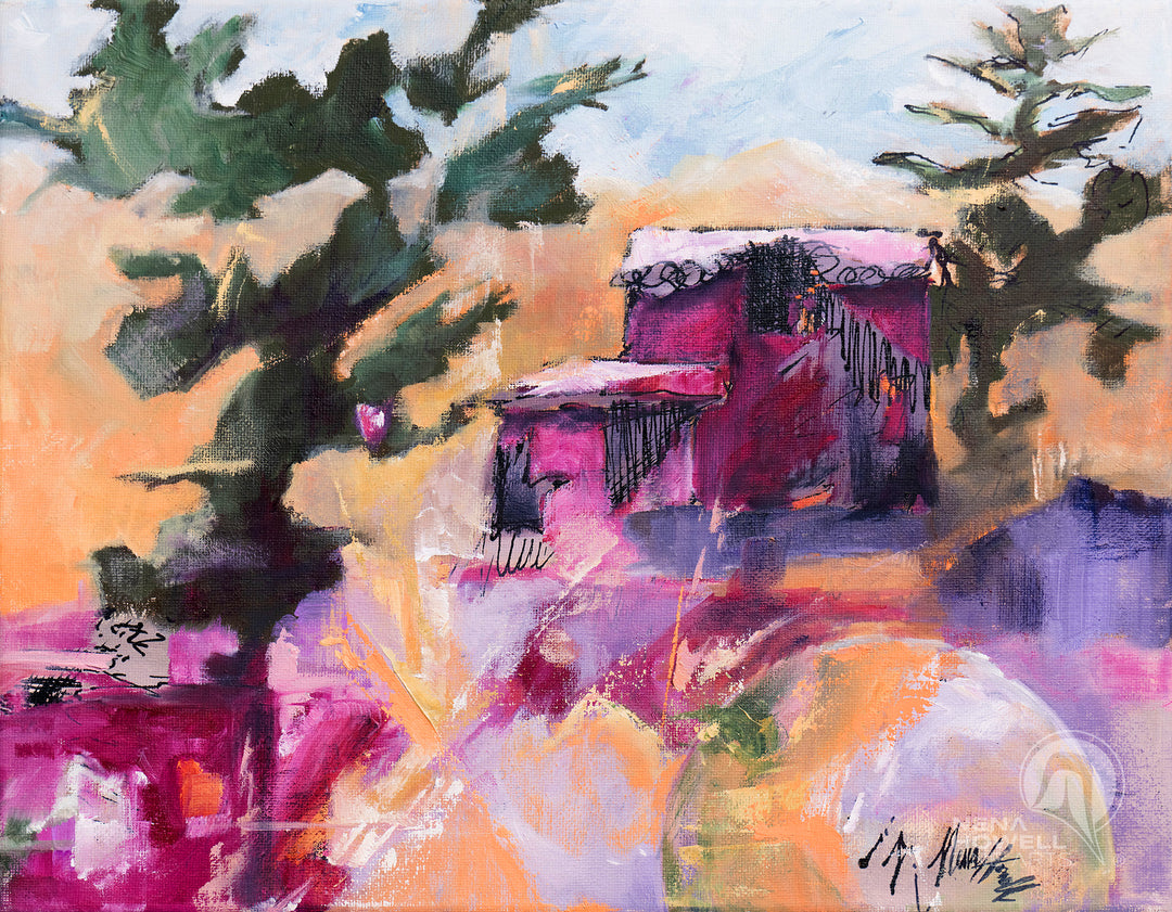 Nena Howell's "Hilltop Abundance" is full of energy and movement. This original oil on canvas composition with expressive brushstroke showcases a charming pink house in an orange universe.