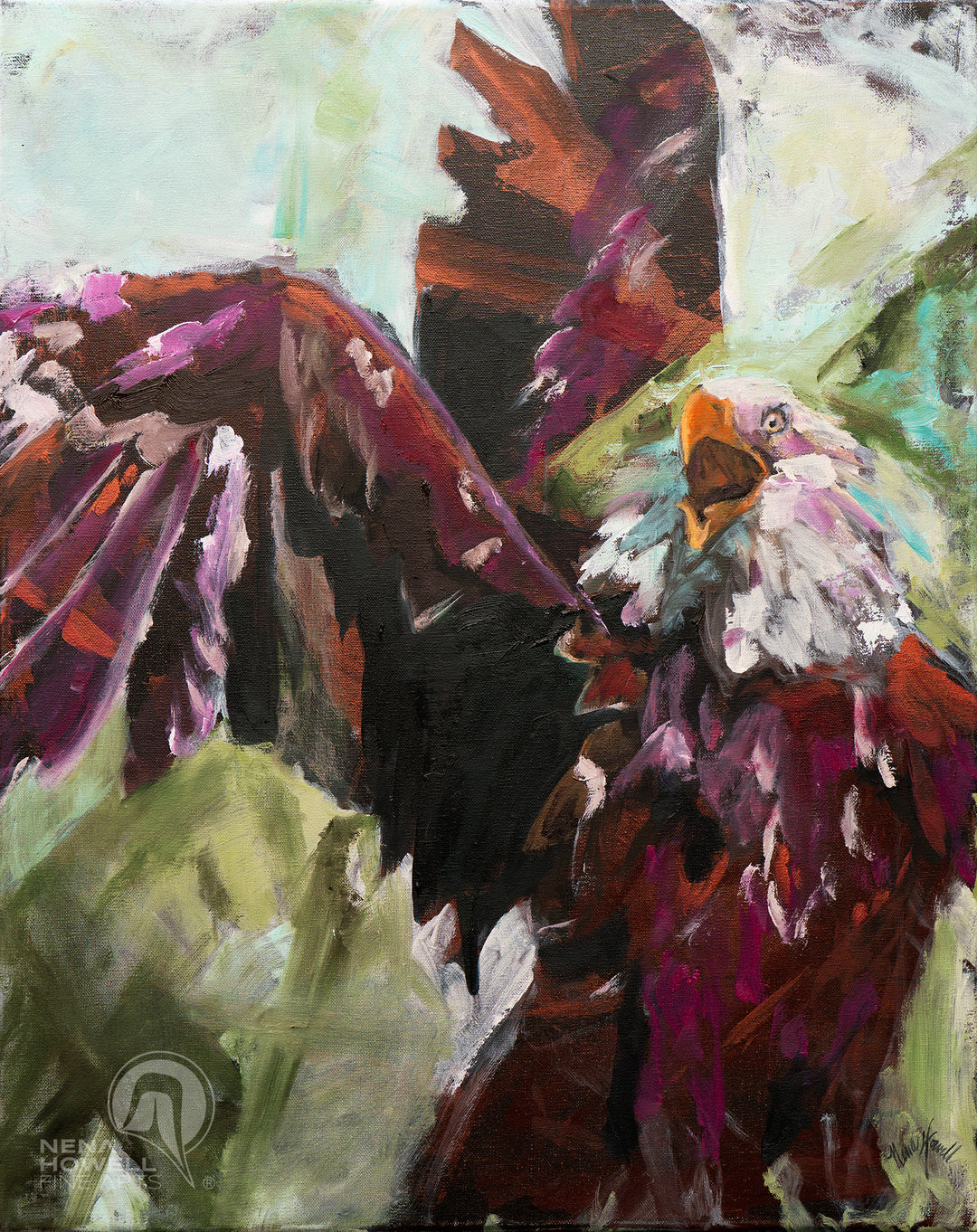 Vibrant moving oil painting by Nena Howell of a soaring bald eagle. Bold colors and expressive brushstrokes capture its power and majesty.