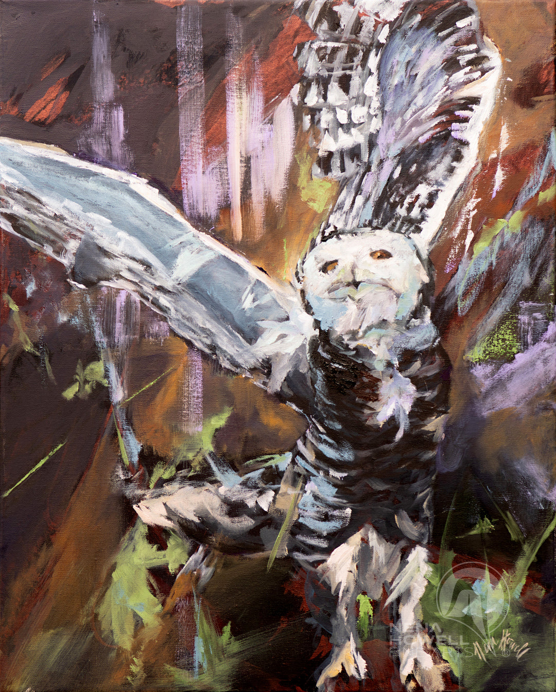 Snowy owl take off, depicted in a expressionist oil painting by Nena Howell. Bold brushstrokes and expressive colors capture the bird's power and grace.