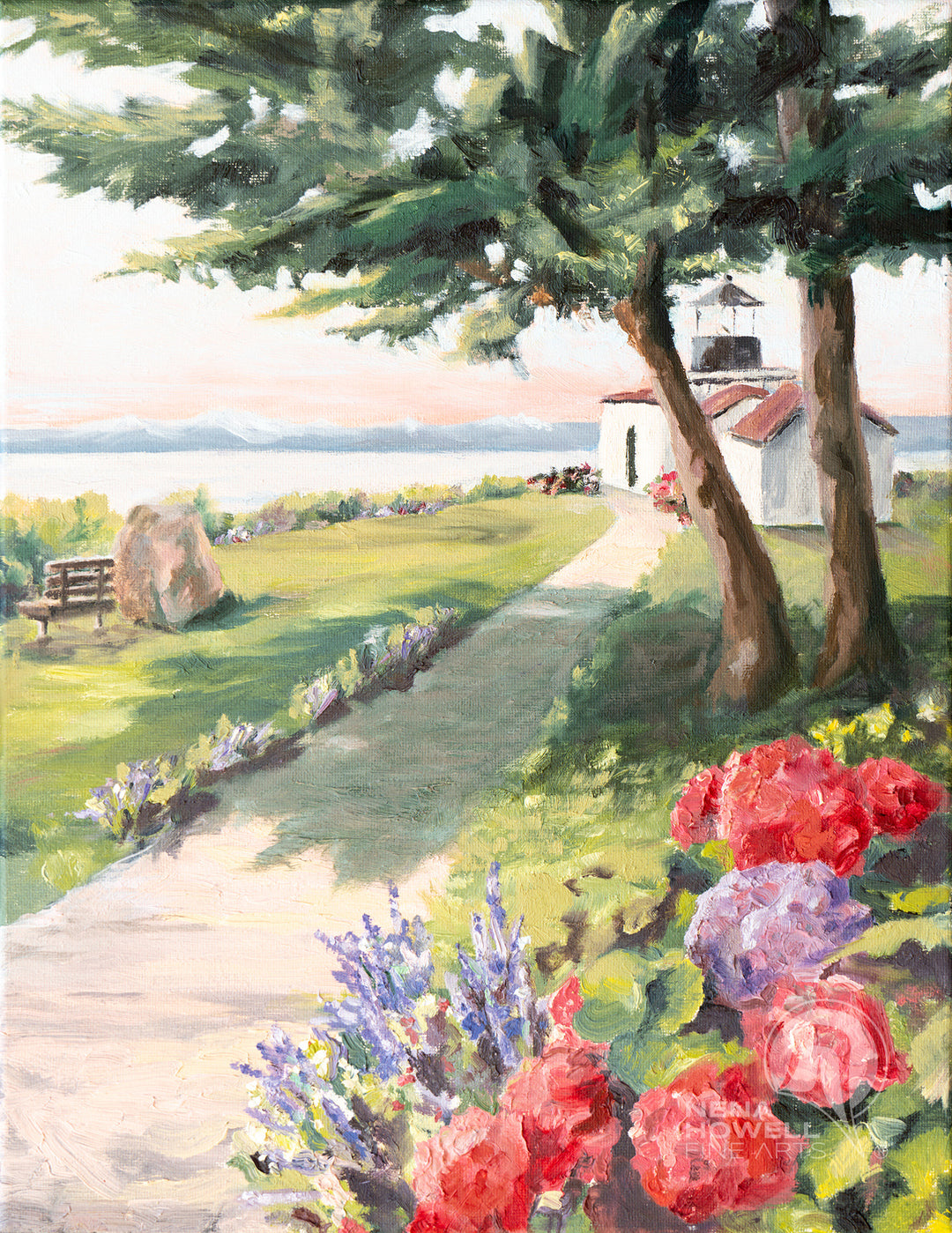 Original Seattle seaside painting of serene flower path to this tiny lighthouse by Nena Howell.