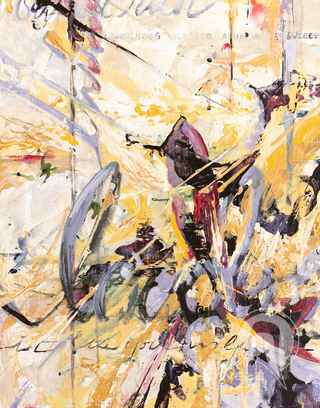 Vibrant symphony of wealth in this original abstract acrylic by Nena Howell. Evokes opulence and luxury in these dynamo colors and strokes.
