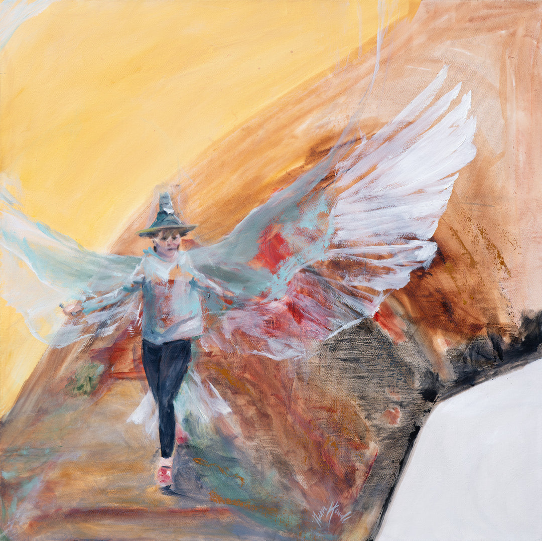 A contemporary painting stars a youngster in a cedar bark hat an wings surrounded by a path of wisdom by Nena Howell, Tlingit artist.