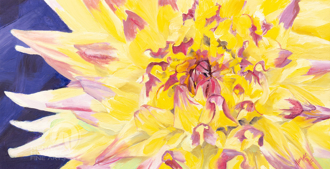 Original floral painting by Nena Howell of a Cha Cha Spider Dahlia flower. Close-up view of the center showcasing its intricate petals and rich colors with purple background.