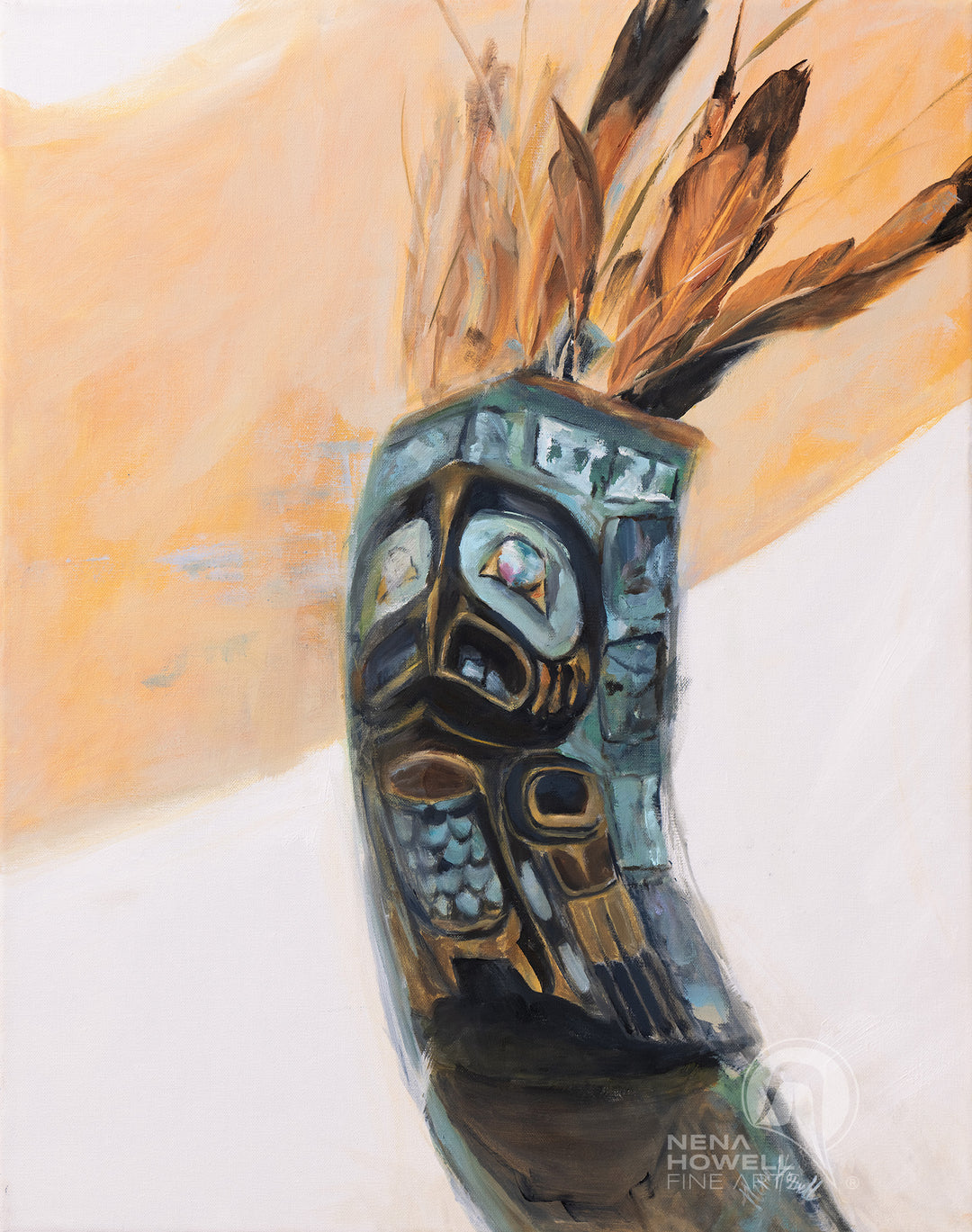 A contemporary version of a Tlingit owl headdress by Nena Howell, adorned with turquoise, golden eagle feathers, and abalone.