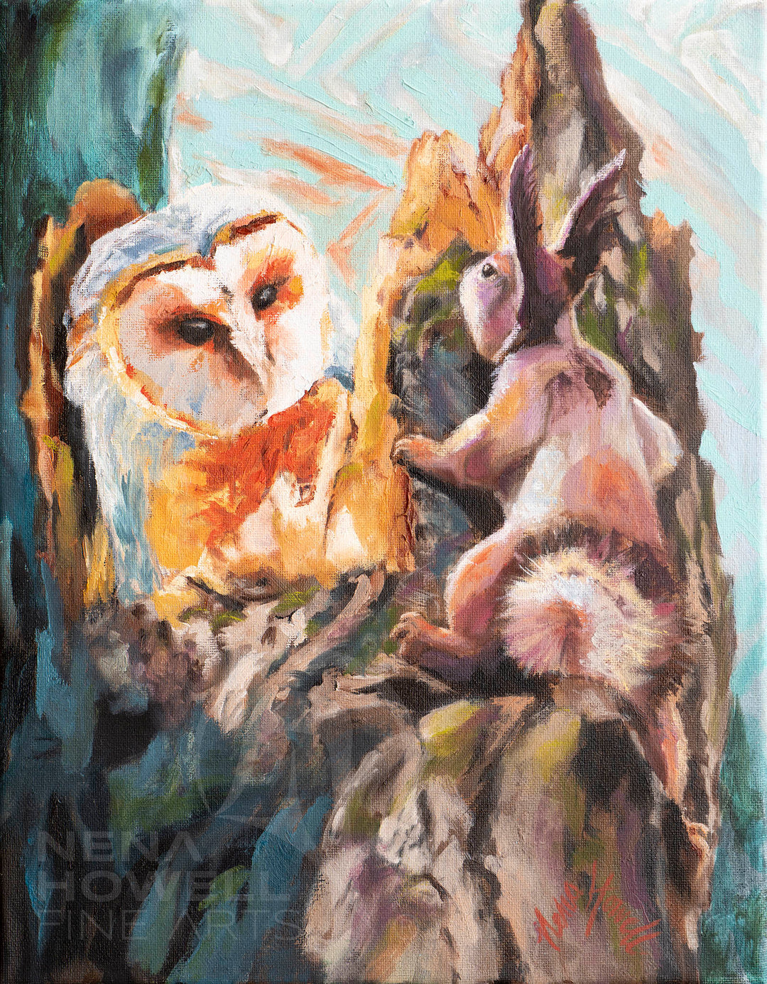 A whimsical oil painting by Nena Howell depicts a barn owl and a squirrel interacting on a tree. The contrasting creatures create a sense of intrigue.