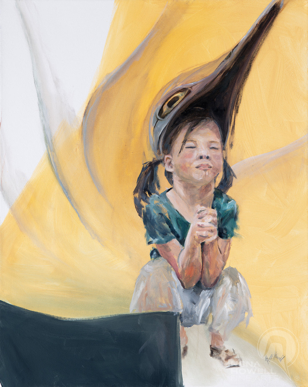 A young girl with pigtails and a hummingbird mask looks up surrounded by ancestral spirits, stunning original figurative painting by Nena Howell.