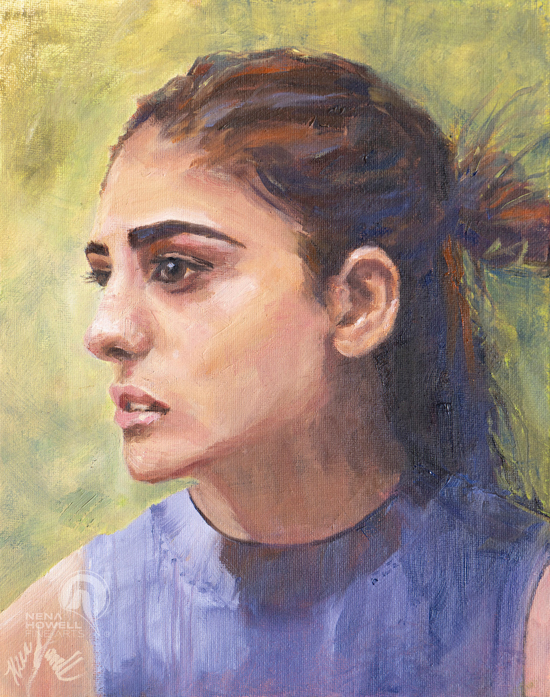 Purple Cashmere oil painting by Nena Howell is an original portrait that captures the elegance and sophistication of female subject.