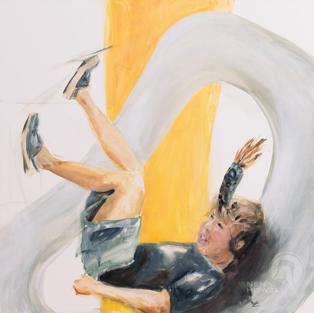Original Nena Howell painting of a young boy in traditional Tlingit regalia tumbles backwards amidst a supportive ovoid balloon, surrounded by invisible ancestors.