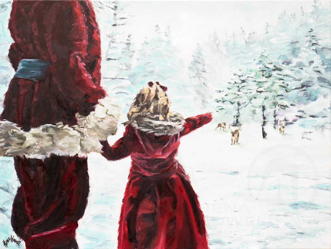 Heartwarming original oil painting by Nena Howell captures the magic of Christmas as a young girl and Santa Claus see reindeer.