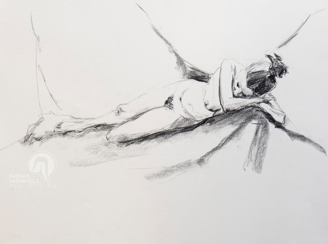 Original nude charcoal drawing from Nena Howell. A quiet work that brings this life drawing landscape forward.