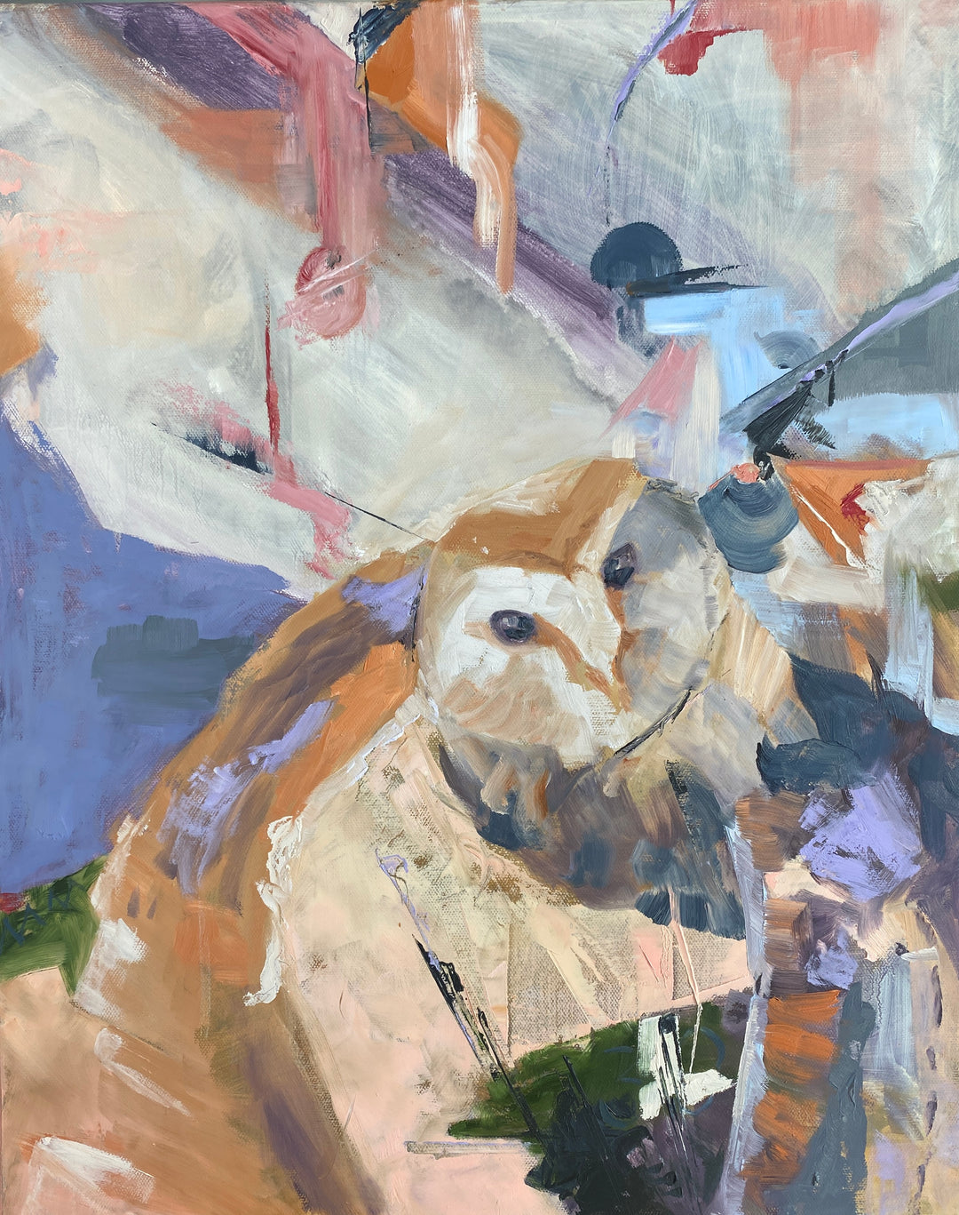 Dynamic abstract wildlife painting by Nena Howell depicting a wise owl swooping in from the north. Movement, abundance, and grace, leads us with knowledge.