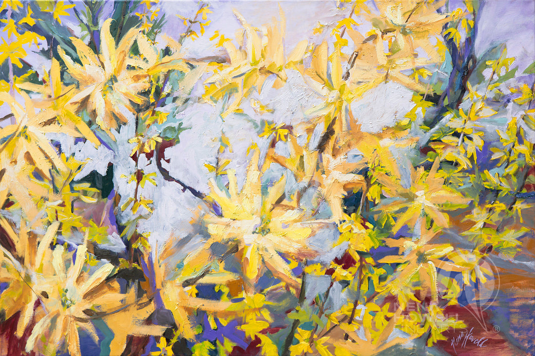 A vibrant abstract floral painting by Nena Howell explodes motion in this blooming forsythia bush.
