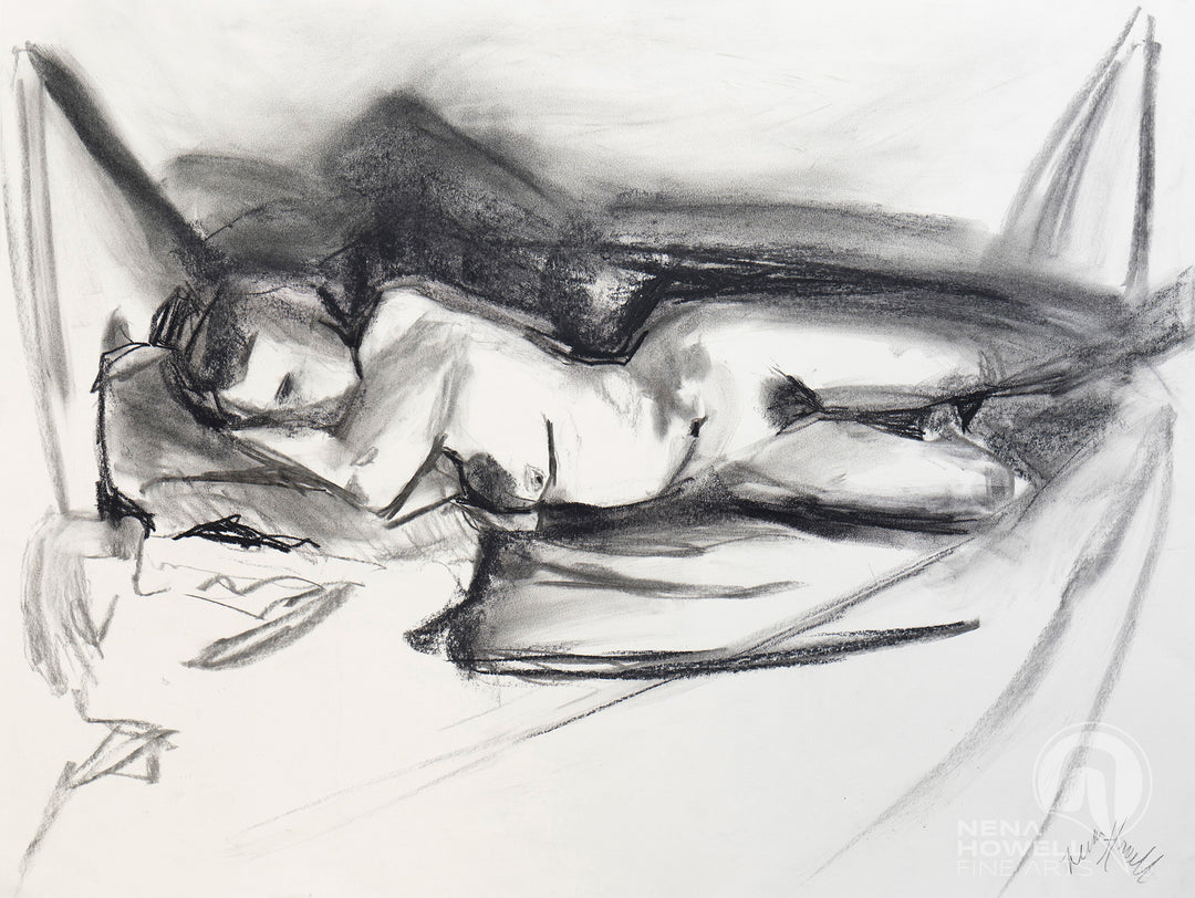 Female nude charcoal by Nena Howell. Abstract shapes, spirited movement. 80 lb. paper.