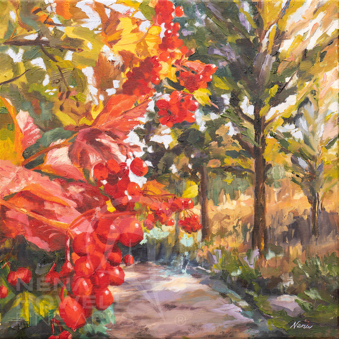 Sleeping Lady Berries original painting full of colorful foliage laden with ripe berries on this garden trail by Nena Howell.