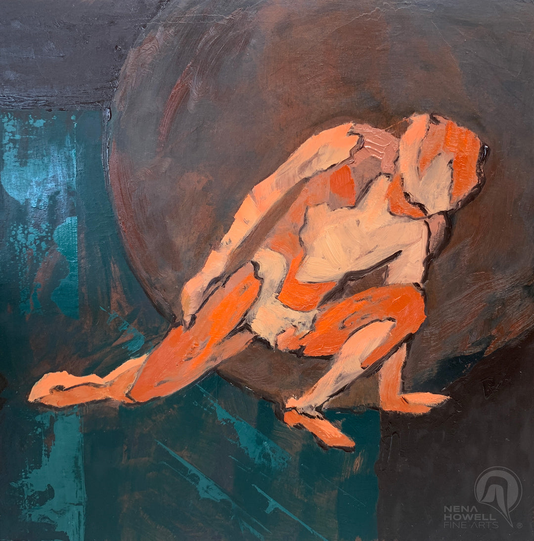 Nena Howell expressive original oil painting of The Lost Ark presents a dynamic figure composition against a bold, abstract background.