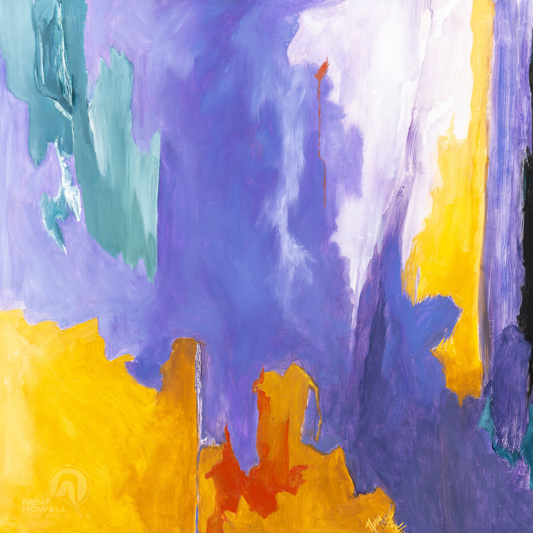 A coastal abstract painting by Nena Howell depicting the beginning of the universe, with vibrant purple, copper, turquoise, white, and red-orange forms coming together.