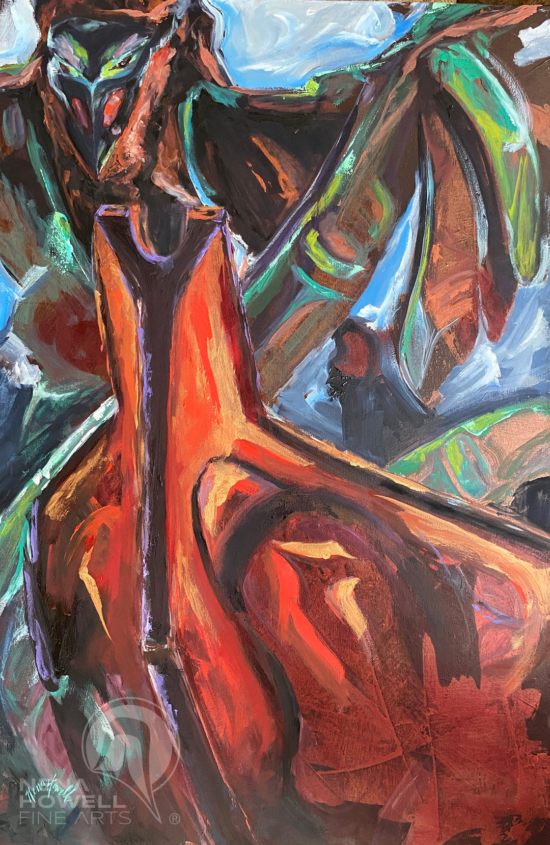 A dynamic expressionist painting by Nena Howell depicting a Tlingit canoe being guided by a raven.