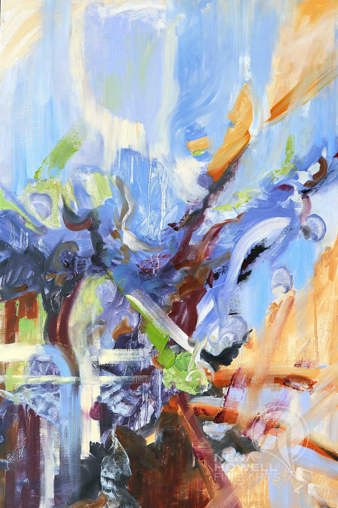 A modern energy filled original abstract painting by Nena Howell depicting bursts of colorful energy swirling