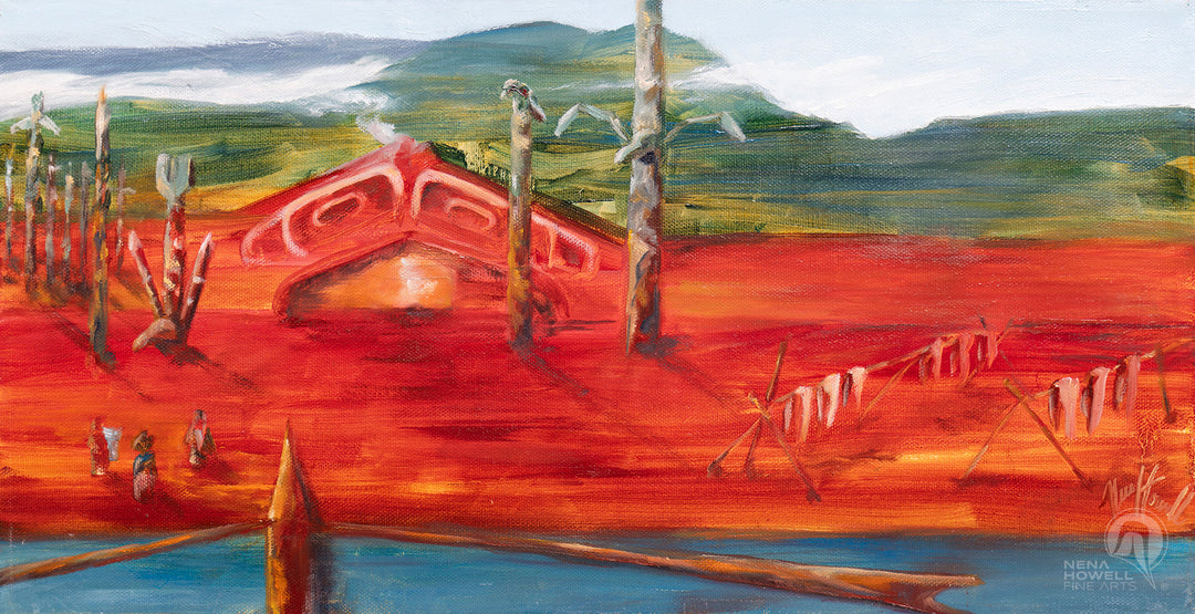 Warm Longhouse by Nena Howell is abstract oil painting of a traditional longhouse in a vibrant landscape, symbolizing culture and nature.