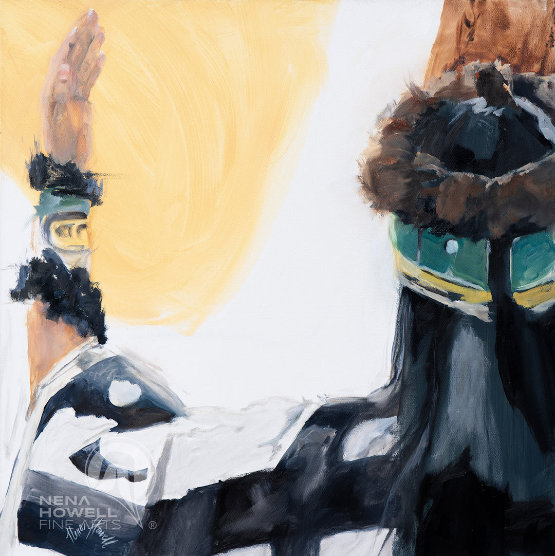 A young Tlingit woman in traditional regalia honors her aunties and ancestors, dancing together in her long raven hair by Nena Howell, Contemporary Tlingit Artist.