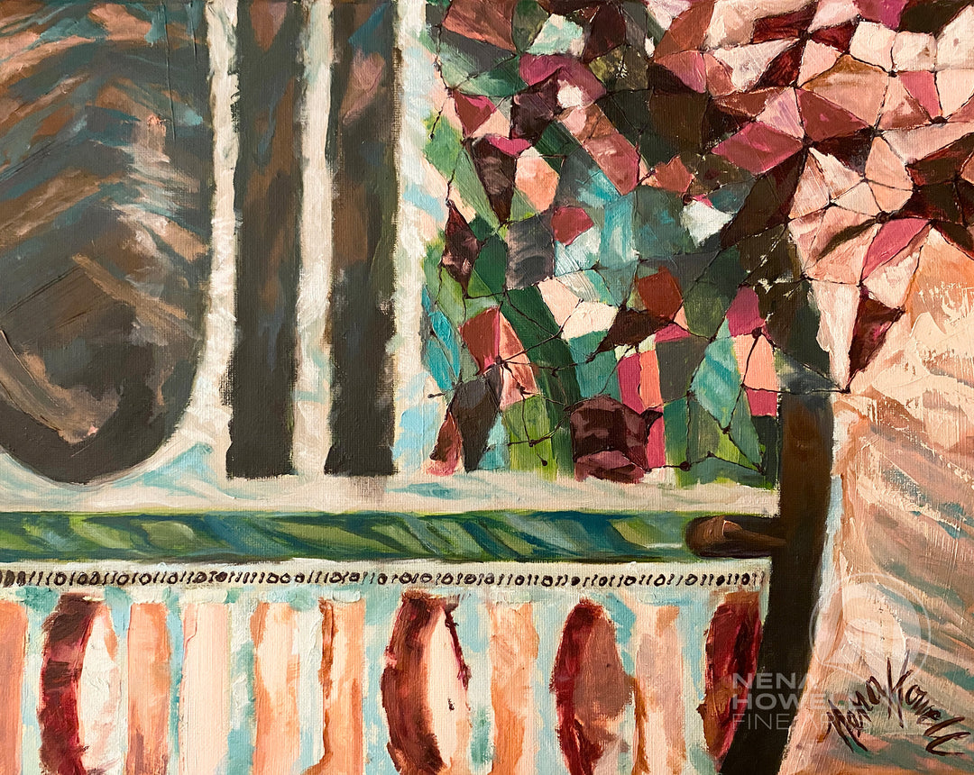 Abstract oil painting exploring technology binary code and nature by Nena Howell.