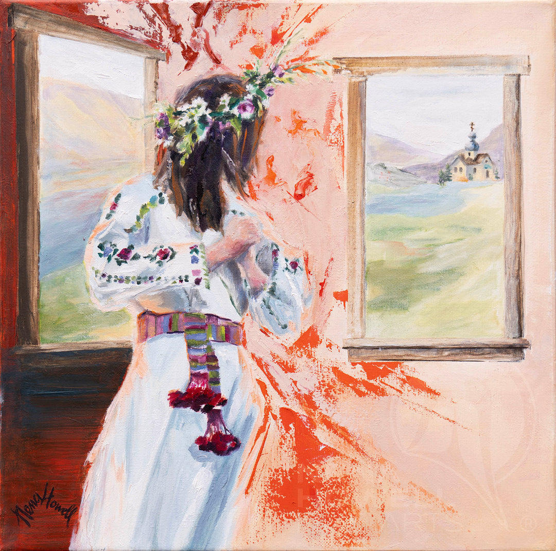 Ukrainian woman praying. Traditional clothing, open window. Orthodox church, peaceful landscape. Orange explosion, hope. Nena Howell.
