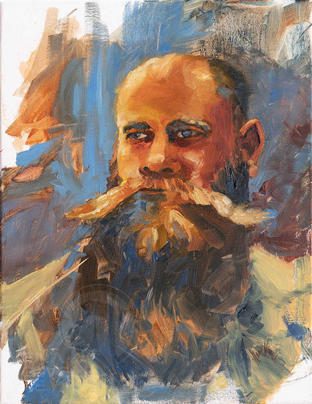 Expressive oil portrait of a man with a beard by Nena Howell. Bold brushstrokes, vibrant colors. Rugged features, determined gaze.