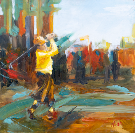 Golfer taking a shot by Nena Howell. Vibrant oil painting by Nena Howell. Lush green fairway, crowd, bright sky.