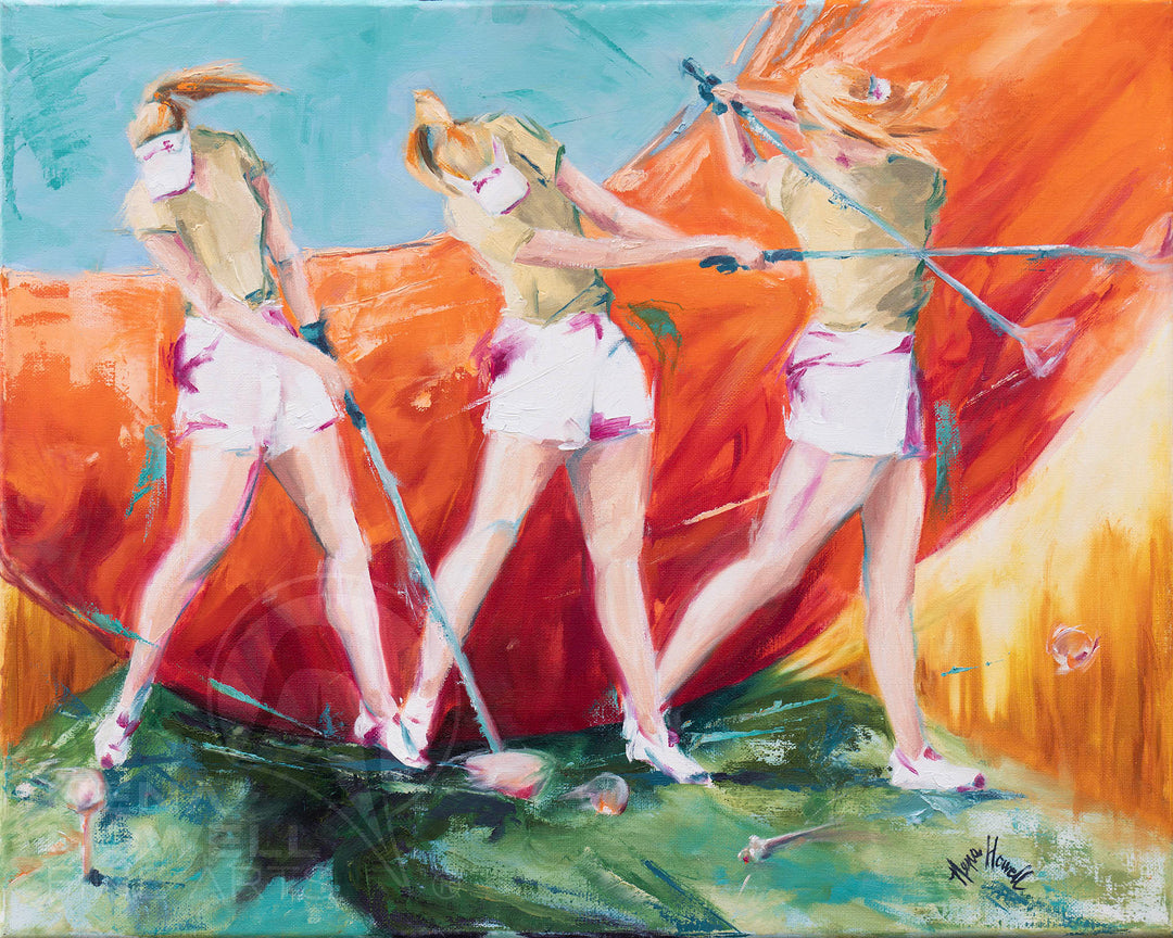 Vibrant oil painting of female golfers in action by Nena Howell. Dynamic movement, saturated colors.