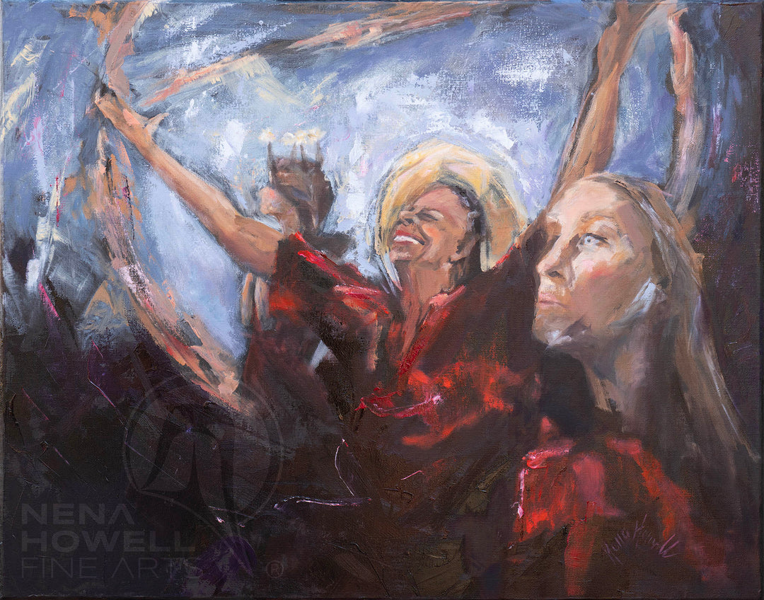 A dynamic signature painting by Nena Howell featuring three women dressed in red, standing together in a spinning spiritual vortex, gazing upward. The women represent diversity and community for prosperity, wellness and understanding.