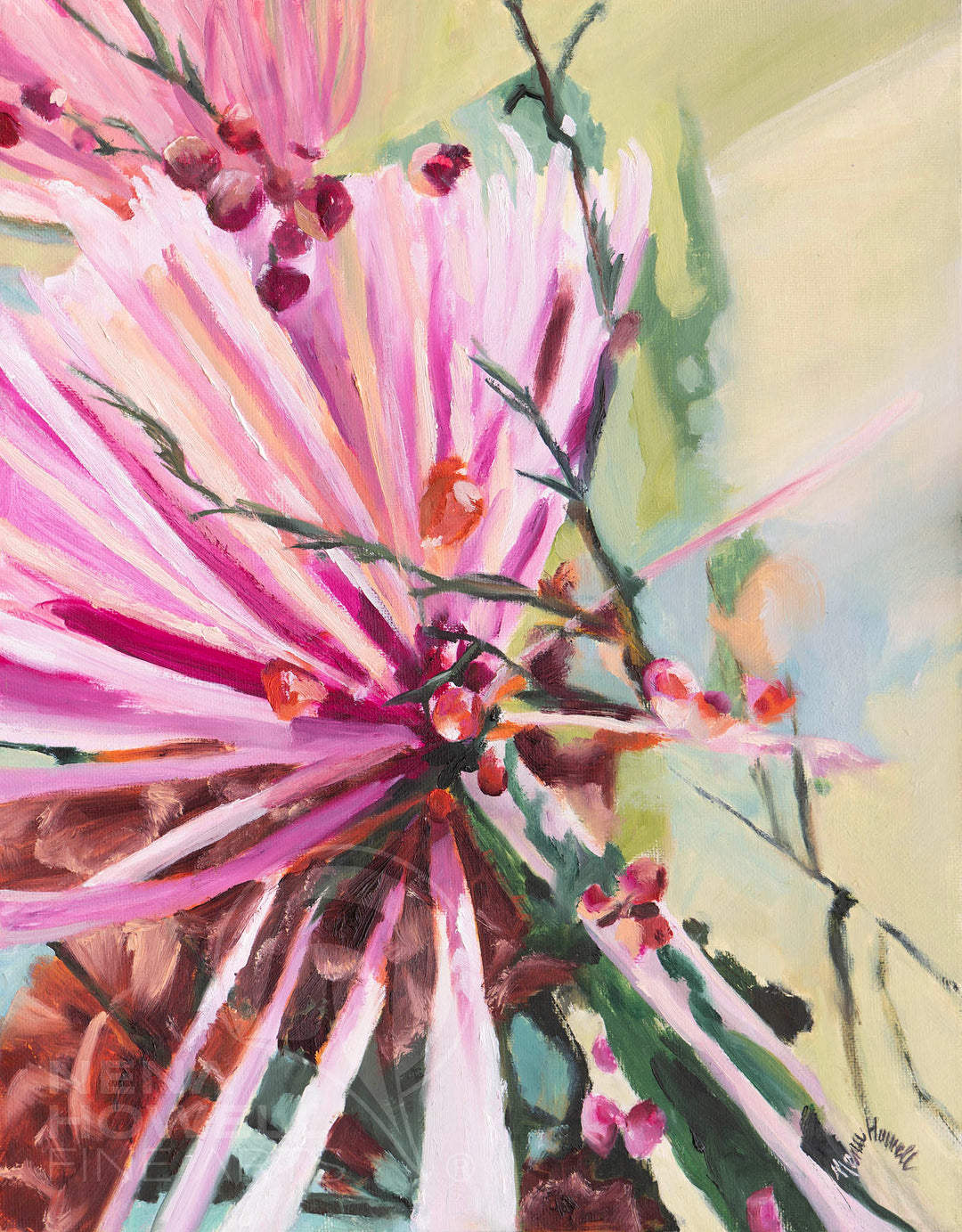 Floral oil painting artist, Nena Howell, zooms into spider mums in magenta with winter red berries and evergreen sprigs.