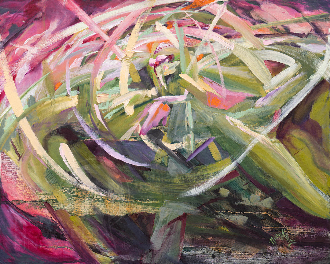 Dynamic dance of becoming in this abstract floral painting by Nena Howell. Magenta and asparagus green.