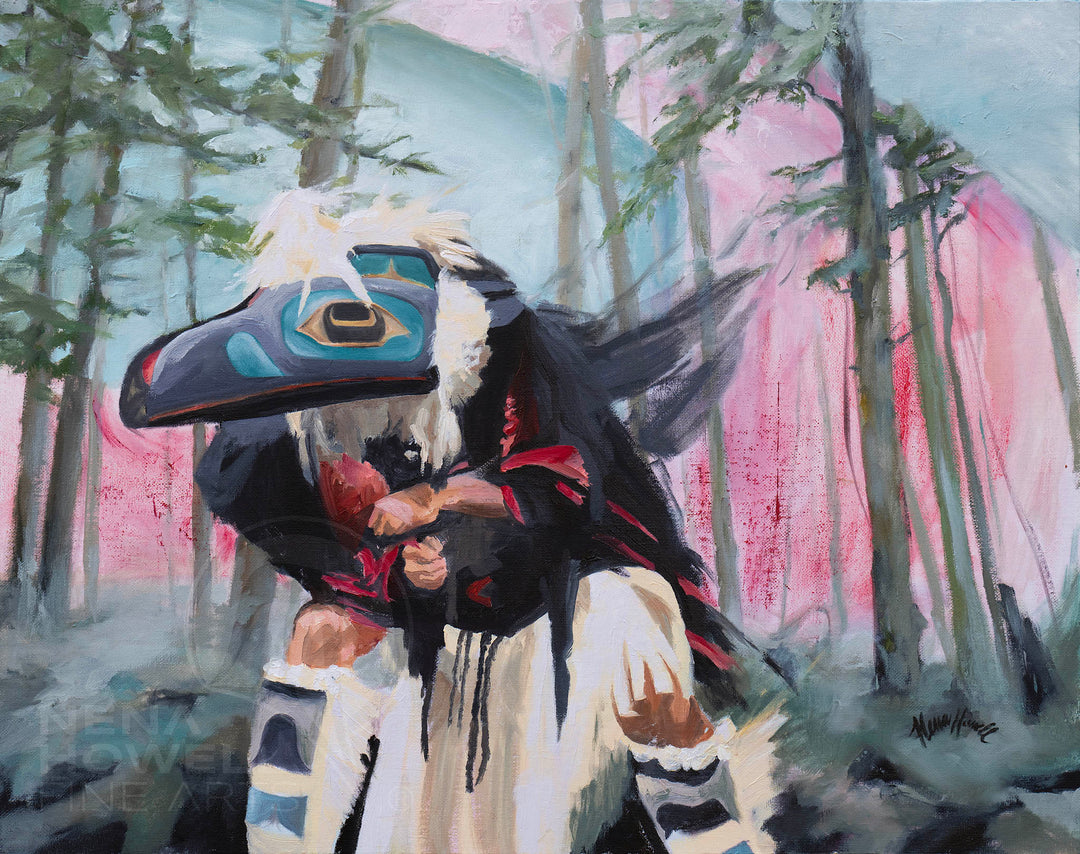 A Tlingit raven-masked dancer lands on the forest floor, protecting the portal between worlds.