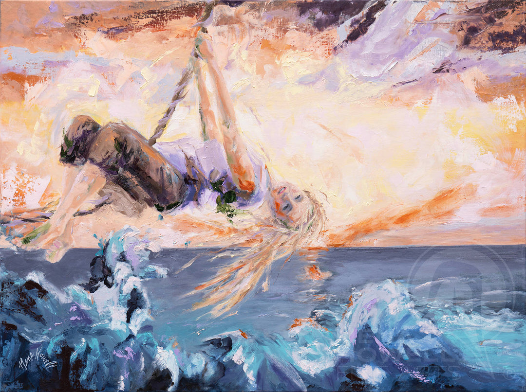 Experience the spiritual beauty of this 2023 oil painting by Nena Howell, featuring a water swing that transports you to a world of pure joy.