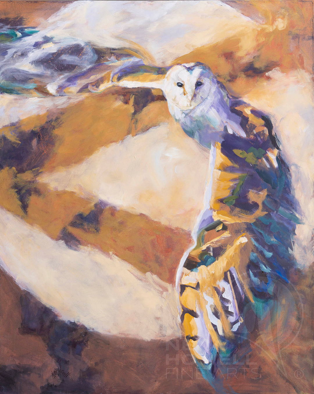 Barn owl swoops in front of a circular and triangular shape with rich copper infused ancestral wisdom by Nena Howell