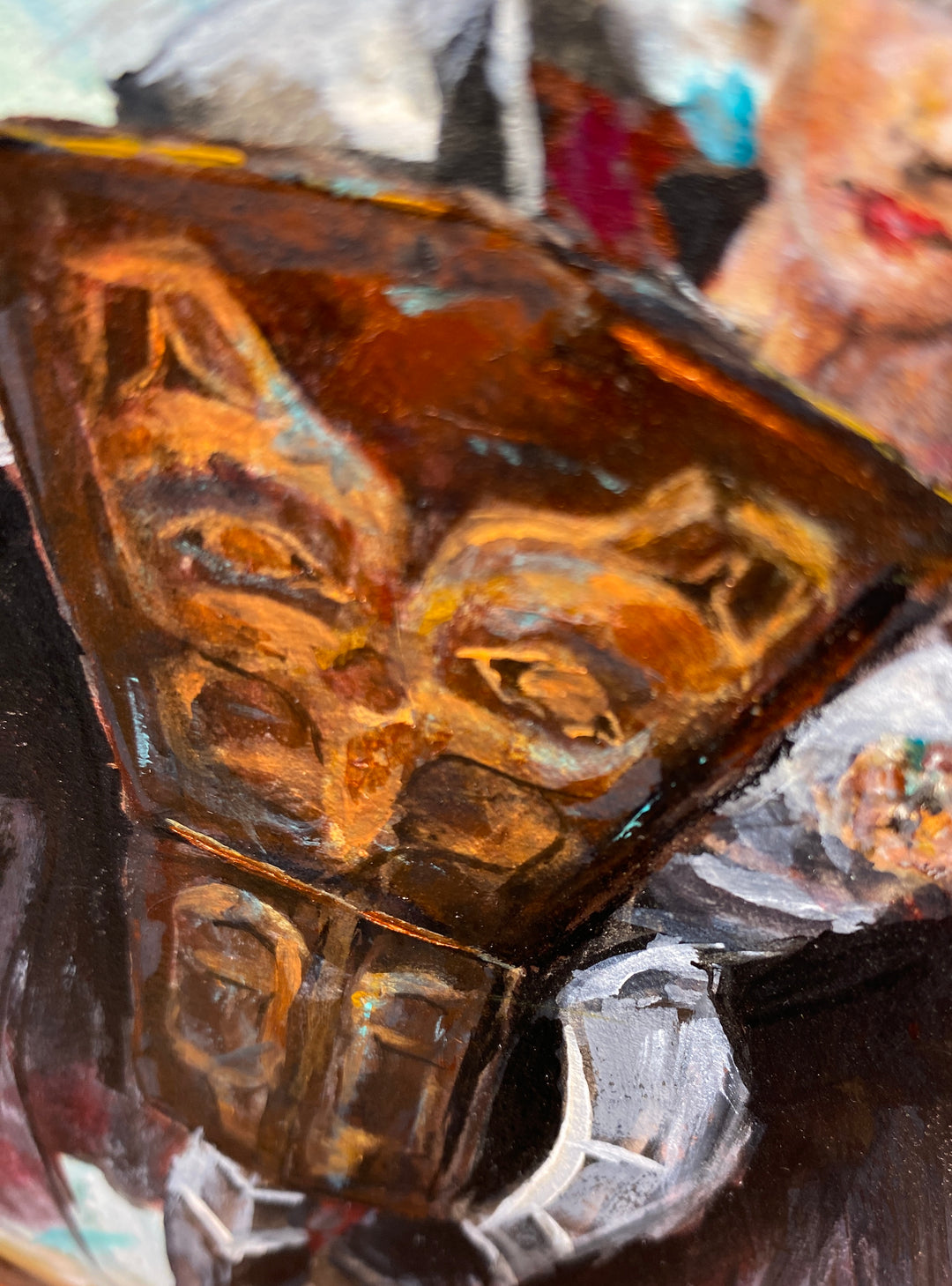Close up of copper shield Tlingit formline. Acrylic coppers and golds, Nena Howell, Tlingit artist.