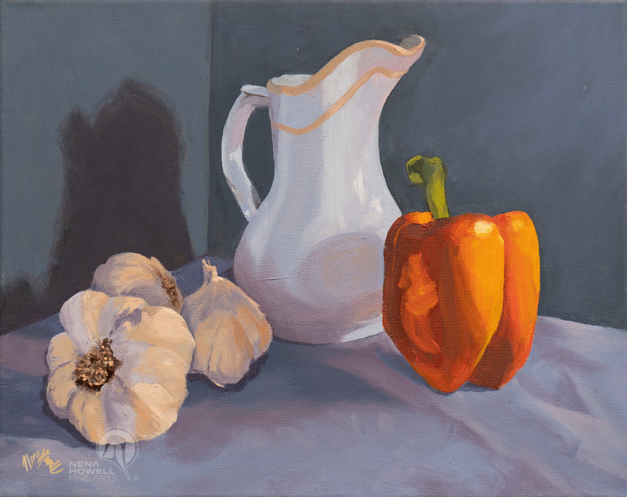 Kitchen Sundown by Nena Howell - Still life oil painting of a pitcher, garlic, and bell pepper in soft, muted tones, offering a sense of tranquility.