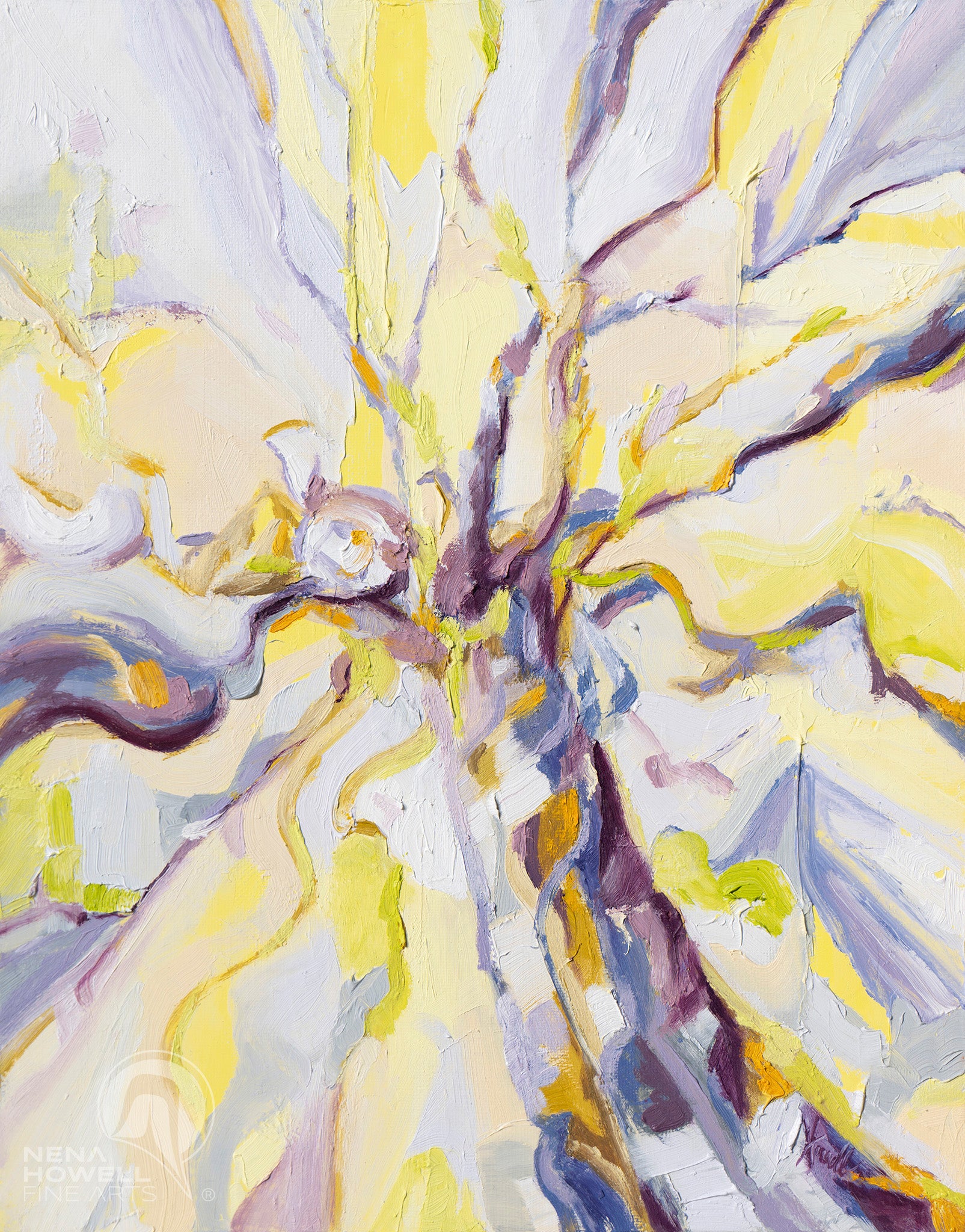 Old Growth Abstract Painting by Nena Howell: A vibrant oil painting capturing a sunlit forest canopy with swirling forms and contrasting colors.