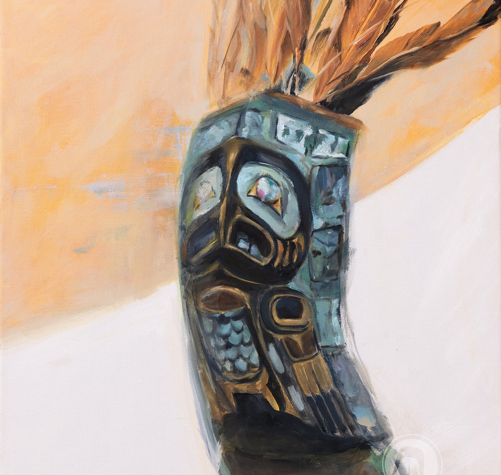 A contemporary version of a Tlingit owl headdress by Nena Howell, adorned with turquoise, golden eagle feathers, and abalone.